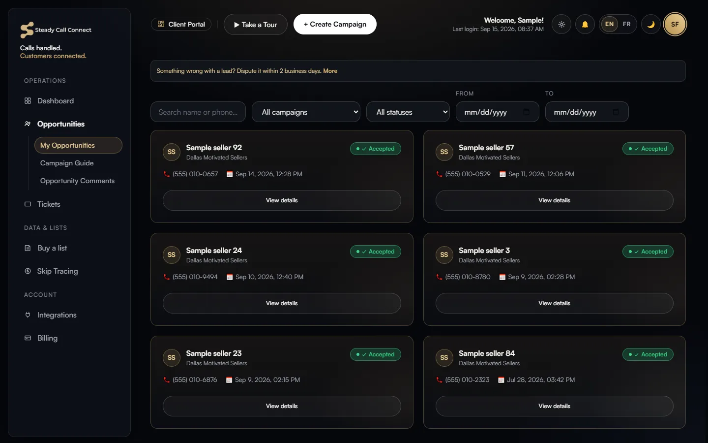 The Client Portal's Opportunities screen with sample seller opportunities, each marked Accepted